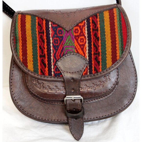 Peruvian Leather Bag Small Purse Woven Textile Women Shoulder Cross Body Saddle - Picture 2 of 11